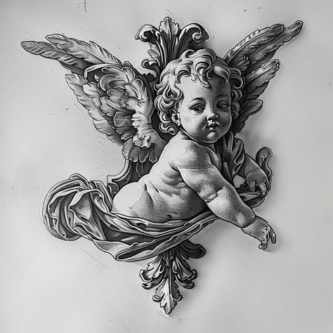 Cherub Tattoo Art Kit Cherub Drawing Tattoo, Sun Tattoo Men, Cherub Tattoos, Statue Tattoo Design, Black Cherub, Cherub Tattoo Designs, Baroque Tattoo, Tattoo Sizes, Cherub Art