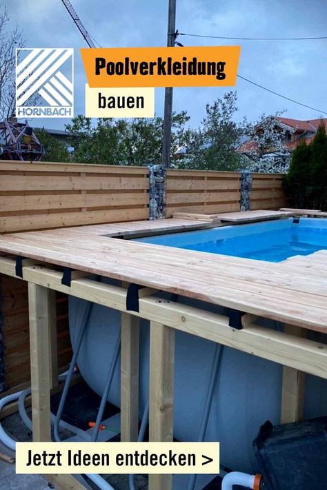 Den Einbaupool hast Du bei Dir im Garten aufgebaut? Dann bau Dir jetzt noch eine Poolumrandung. Egal ob runder Pool oder eckiger Pool, wir zeigen Dir, wie Du eine Poolumrandung oder Poolkverkleidung selber bauen kannst. Oberirdischer Pool, Garden Inspo, Diy Pool, Outdoor Grill, Swimming Pool, Swimming Pools, Garage, Swimming, Yard