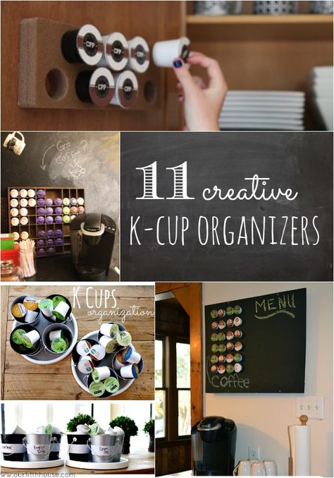 11 creative k-cup organizing ideas. DIY k-cup organizers and k-cup storage solutions that keep the clutter at bay and look cute to boot! Coffee K Cup Holder Storage, K Pod Holder Ideas, Diy Keurig Pod Holder, K Cup Holder Diy, Diy Coffee Pod Holder Storage Ideas, Diy K Cup Holder, K Cup Storage, K Cup Holders, Coffee Stations