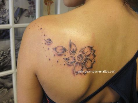 Petals Tattoo, Name Flower Tattoo, Rose Tattoo With Name, Petals Falling, Tattoo Sunflower, Foot Tattoos For Women, Skeleton Hand Tattoo, Back Of Shoulder Tattoo, Sunflower Tattoo