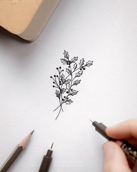 Fine Line Holly Tattoo, December Flower Bouquet Tattoo, Christmas Holly Tattoo, November Flower Drawing, Simple Holly Tattoo, June And December Flower Tattoo, Holly Berry Flower Tattoo, Holly Bush Tattoo, Subtle Christmas Tattoo