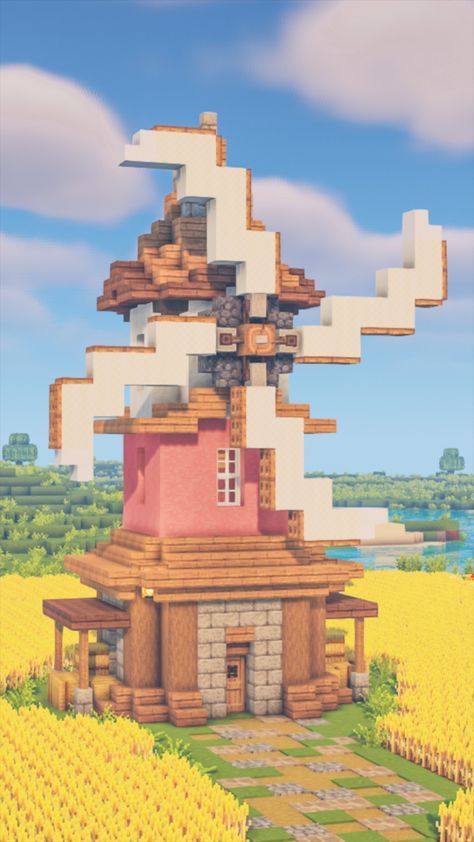 Aesthetic Minecraft Cottagecore, Windmill In Minecraft, Modern Minecraft Houses Interiors, Modern Minecraft Houses Tutorials, Minecraft House Survival, Windmill Minecraft, Build A Windmill, Cottagecore Minecraft House, Mizunos 16 Craft