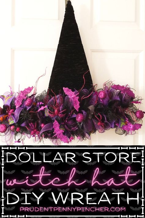 Give your front door a spooky makeover on a budget with this DIY Witch Hat Dollar Tree Halloween Wreath.To make this DIY halloween wreath for the front door all you need is deco mesh, black yarn, witch hat wire wreath form, and some halloween accents like ribbon, glittery clip ons, etc. This DIY halloween decoration would be a great addition to your spooky outdoor halloween porch for trick or treaters. Your kids can even help you make this fun halloween craft. Halloween Witch Hat Wreath Diy, Witch Hat Door Wreath, Dollar Tree Witch Hat, Halloween Witch Hat Wreath, Diy Halloween Witch, Witch Hat Wreath, Halloween Mesh Wreaths, Hat Wreath, Dollar Tree Halloween