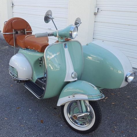 ☺ 1961 Vespa With Sidecar  ☺ Visit ► http://TheScooterMall.com #scooters #vintagescooter #classicscooters #vintagescooters #vespascooter Scooter With Sidecar, Moped With Sidecar, Vespa With Sidecar, Scooter Aesthetic, Vespa Sidecar, Motorcycle With Sidecar, Vespa Bike, Vintage Moped, Sage Green And Cream