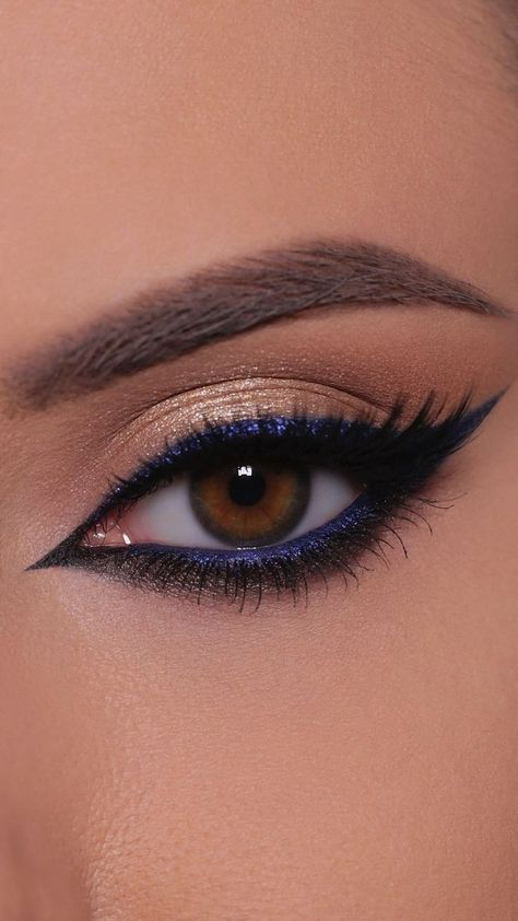 Blue And Gold Eye Makeup Tutorial, Make Up To Make Blue Eyes Pop, Eye Makeup On Blue Eyes, Blue Dress Makeup Ideas For Brown Eyes, Makeup For Navy Blue Dress Wedding, Eye Make Up Over 50, Eye Shadow Looks For Blue Eyes, New Years Eve Eyeshadow, Gold Blue Makeup