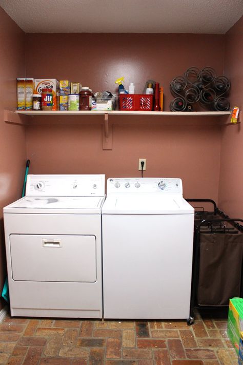 Washer and Dryer Side of Laundry Room Before Updates Backsplash Behind Washer And Dryer, Wall Behind Washer And Dryer Ideas, Cabinet Between Washer And Dryer, Storage Above Washer And Dryer, Cabinets Over Washer And Dryer, Above Washer And Dryer Storage, Above Washer And Dryer Ideas, Cabinets Above Washer And Dryer, Laundry Room Backsplash