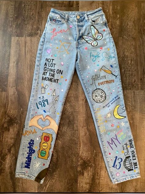 Eras Art Taylor Swift, Taylor Swift Converse Diy, Taylor Swift Clothes Concert, Taylor Swift Diy Jeans, Taylor Swift Word Art, Taylor Swift Themed Birthday Party Activities, Diy Eras Tour Outfit Ideas, Eras Tour Outfits Jeans, Cute Taylor Swift Crafts