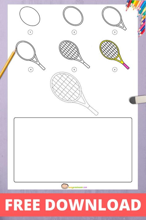 How To Draw A Tennis Racket, Free Tennis Printables, Tennis Doodle, Tennis Doodle Art, Playing Tennis Drawing, Watercolor Tennis Racket, Easy Drawings For Kids, Tennis Racket, Step By Step Drawing