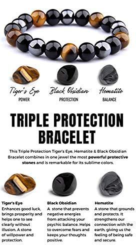 Triple Protection Bracelet Meaning, Protection Necklace Crystals, Crystal Combinations For Protection, Gemstone Bracelet For Men, Crystals For Negativity, Crystal Jewelry For Men, Witchy Beaded Bracelet, Black Magic Protection Crystals, Bead Bracelets Crystal