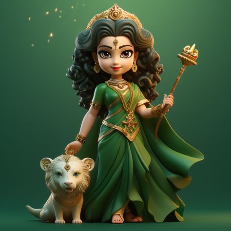 cute pixar style goddess Durga with trishool in hand full body proportion wearing dark green saree with golden ornaments on solide dar green background hyper realistic super detailed Dark Green Saree, Spiritual Pics, God Drawing, God Hindu, Maa Image, Devi Images, Goddess Parvati, Bear Drawings, Durga Ji