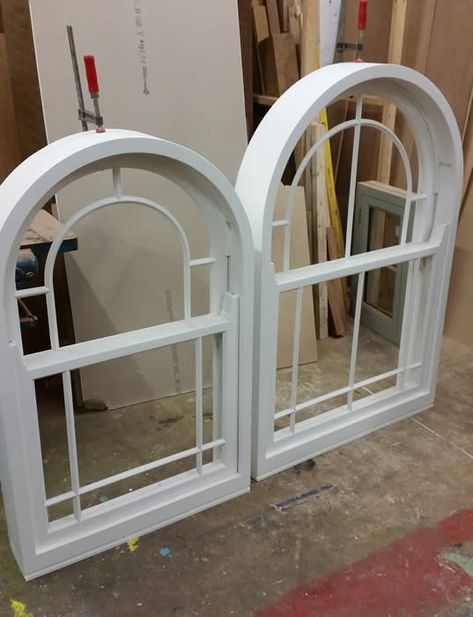 White Arched Sash Windows in Merrin Joinery Nottinghamshrie Workshop Window Arch, Arch Windows, Oak Windows, Conservatory Design, Weatherboard House, Shaped Windows, Joinery Design, Window Types, White Windows