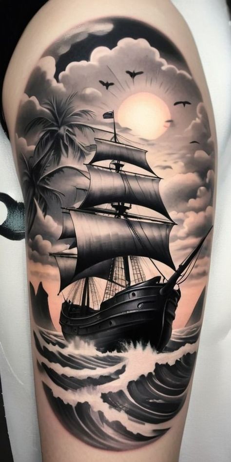 Sunken Ship Tattoo, Traditional Nautical Tattoo, Barco Viking, Ocean Sleeve Tattoos, Pirate Ship Tattoo, Boat Tattoo, Boat Sunset, Zeus Tattoo, Card Tattoo Designs