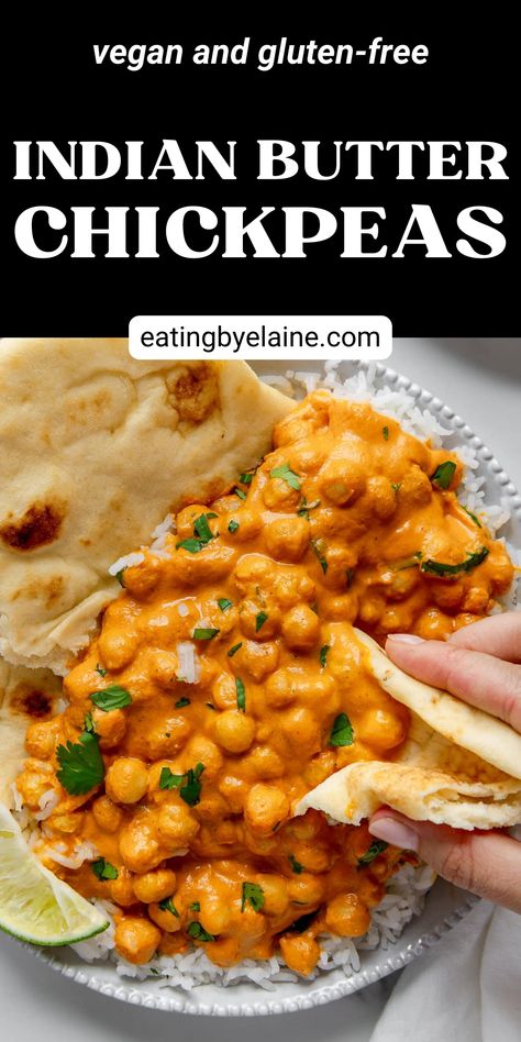 Naan scooping butter chickpeas served on a white plate. Best Chickpea Recipe, Recipes Using Canned Chickpeas, Chickpea Tomato Curry, Vegan Chickpeas Recipe, Indian Butter Chickpeas, Chickpea Indian Recipe, Butter Chickpeas Indian, Canned Chickpea Recipes Dinners, Vegetarian Chickpea Recipes