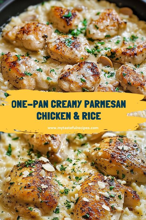 Warm up your evenings with this comforting One-Pan Creamy Parmesan Chicken & Rice. This creamy and cheesy dish is the perfect cozy dinner solution, all made in one pan for easy cleanup! One Pot Cheesy Chicken And Rice, Chicken Rice Parmesan Recipe, Chicken And Rice Cheesy, Creamy Parmesan One Pot Chicken And Rice, Cheesy Parmesan Rice, Supper Ideas Rice, Chicken Scampi Rice, Chicken Rice One Pan Meal, Chicken Scampi With Garlic Parm Rice