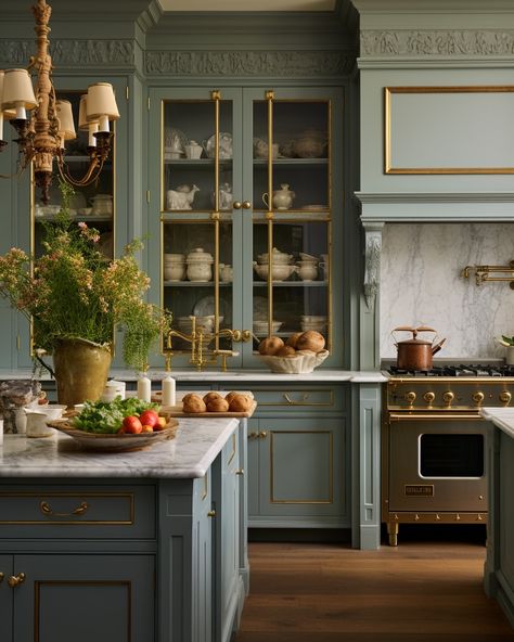 Victorian Kitchen Design, English European Kitchen, Green Colonial Kitchen, Kitchen With Door, Classic Kitchen Design Green, Rococo Kitchen Interior Design, French Kitchens, Victorian Hardware Kitchen, Original Victorian Kitchen