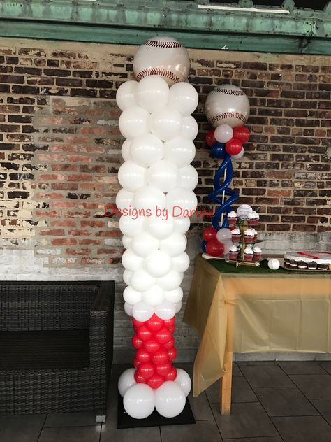 Baseball Bat Balloon, Balloon Baseball, Baseball Party Balloons, Baseball Party Balloon Arch, Balloon Baseball Bat, Baseball Bat Balloon Column, Baseball Party Decorations, Baseball Baby Shower Theme, Baseball First Birthday