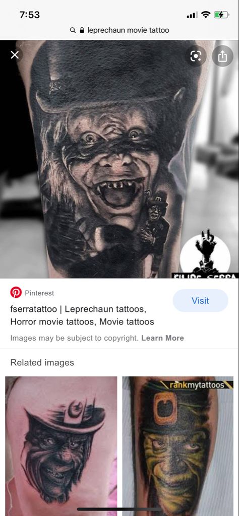 Leprechaun Movie, Leprechaun Tattoos, Horror Movie Tattoos, Movie Tattoo, Movie Tattoos, Horror Tattoo, Foot Tattoo, Tat Ideas, Tattoo Images