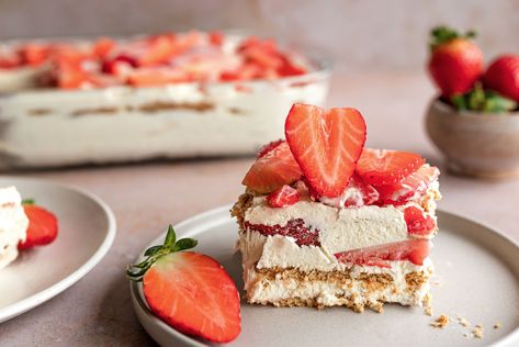 This Strawberry Icebox Cake is an amazing light, fruity summertime dessert that requires absolutely no baking and only 25 minutes to prepare. Quick Spring Desserts, Cheesecake Icebox Cake, Healthy Spring Desserts, Icebox Cheesecake, The Spruce Eats, No Bake Strawberry Cheesecake, Blueberry Cream Pies, Strawberry Icebox Cake, Spring Time Desserts