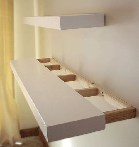 Consealed Shelf, Decor Organization, Floating Shelves Diy, Organization Diy, Small Bathroom Storage, Wood Floating Shelves, Estantes Flotantes, घर की सजावट, Shelf Design