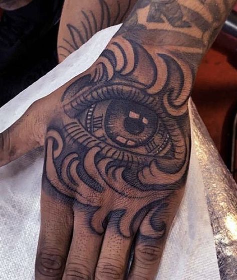 Hand Tats Men Black, Eye Hand Tattoo Men, Hand Tattoos For Guys Men Design, Hand Tattoos For Black Guys, Hand Tattoos For Black Men, Black Men Hand Tattoos, Sun Hand Tattoo, Side Neck Tattoos For Men, Eye Hand Tattoo