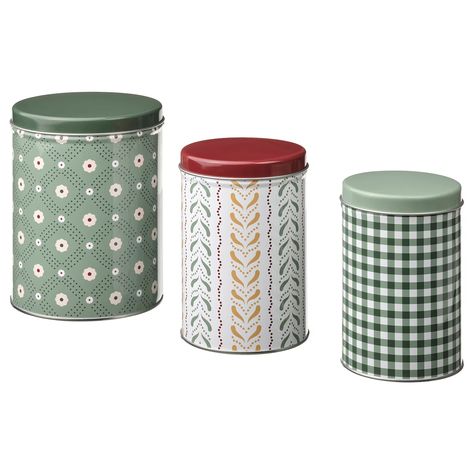 VINTERFINT Tin with lid, set of 3, mixed sizes green Containers in various sizes are always good to have. These three have decorative patterns with matching lids and have different volumes. Fill them with candy, cookies, or other tasty treats that you want to protect. Ikea Vinterfint, Ikea Jars, Ikea Ireland, Tin Canisters, Work Lamp, Rechargeable Light, Grey Curtains, Candy Cookies, Kids Fabric