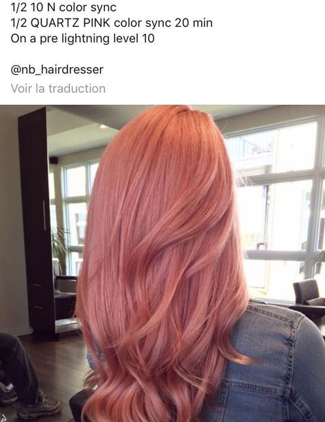 Peachy Hair Color Rose Gold, Matrix Rose Gold Formula, Copper Pink Hair Rose Gold, Matrix Color Formulas Copper, Solid Pink Hair, Redken Rose Gold, Rose Copper Hair Color, Auburn Pink Hair, Copper Hair With Pink Highlights