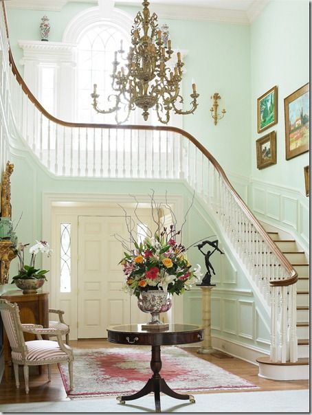 Buckhead, Atlanta, Georgia Georgian Decor, Georgian Interiors, Stair Case, Foyer Decorating, Curved Staircase, Georgian Homes, Entry Foyer, Settee, Wall Color