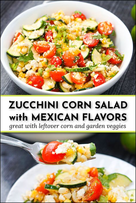 white bowl and plate with zucchini corn salad and text Corn Zucchini Salad, Zucchini Corn Salad, Western Salad, Leftover Corn, Zucchini And Tomatoes, Mexican Zucchini, Garden Zucchini, Zucchini Corn, Corn Salad Recipe