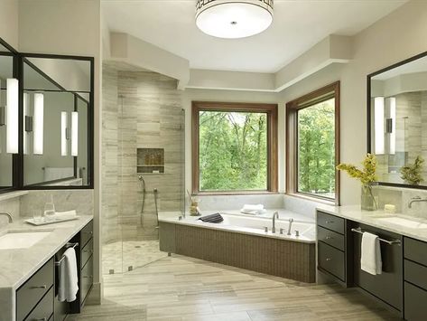 Ikea Bathrooms, Bathrooms Vanity, Glass Corner Shower, Transitional Bathroom Design, Master Bath Renovation, Transitional Farmhouse, Corner Shower Enclosures, Corner Tub, Transitional Furniture