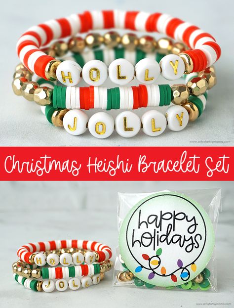 Preppy Christmas Clay Bead Bracelets, Christmas Stretch Bracelets, Preppy Christmas Bracelet Ideas, Christmas Heishi Bead Bracelets, Diy Heishi Bead Bracelet Tutorial, Grinch Bracelet Ideas, Holiday Clay Bead Bracelets, Cute Christmas Bracelets, Christmas Heishi Bracelet