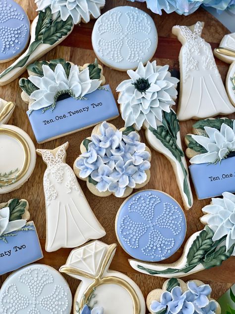 Blue And White Wedding Cookies, Petals And Prosecco Bridal Shower Theme Cookies, Blue And White Bridal Shower Cookies, Hydrangea Cookies Decorated, Something Blue Bridal Shower Cookies, Hydrangea Cookies, Blue Bridal Shower Decorations, Bride Cookies, Wedding Cookies Decorated