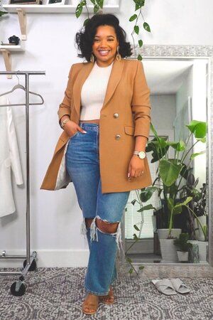 Blazers For Women Plus Size, Casual Outfits For Work Plus Size, Jeans For Work Business Casual Plus Size, Black Blazer Outfits For Black Women, Curvy Clothing Styles, Panelist Outfit, Casual Midsize Work Outfits, Easy Winter Outfits For Work, Spring Work Outfits Plus Size