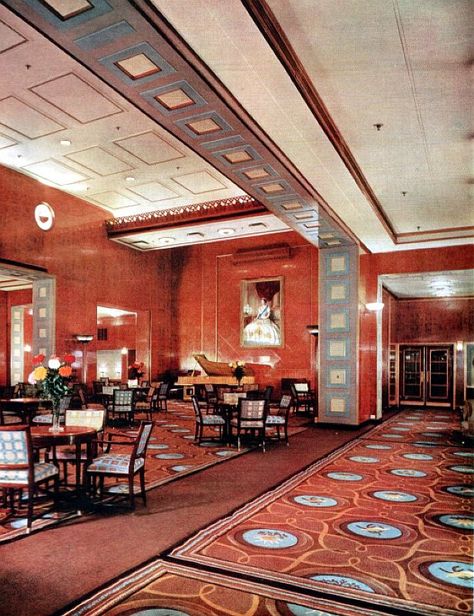 RMS Queen Elizabeth - 1939 - The Main Lounge has been re-carpeted, and all upholstery has been renewed with a new bandstand added and air-conditioning enhanced Star Liner, Cruise Ships Interior, Ship Interior, Rms Queen Elizabeth, Elizabeth 1, Vintage Cruise, Cunard Cruise, Ship Travel, Cunard Line