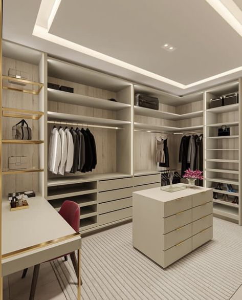 Walk In Wardrobe Island, L Shaped Walk In Closet, Kids Walk In Closet, L Shape Wardrobe Design, Ikea Dressing Room, Walk In Wardrobe Design, Modern Gradient, Led Accent Lighting, Dressing Room Closet