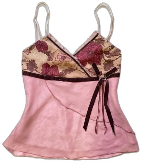 Pink tank top with brown bow and floral print 2000s Fashion Tops, Floral Clothes, 90s Blouse, 2000s Tops, Purple Tops, Future Clothes, Dream Clothes, Floral Top, Summer Shirts