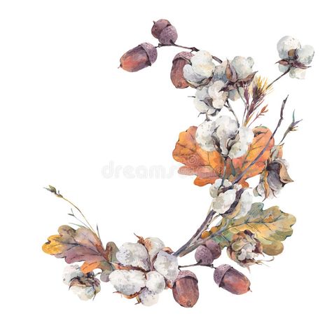 Oak Leaves And Acorns, Watercolor Autumn Leaves, Wreath Illustration, Vintage Wreath, Wreath Drawing, Vintage Bouquet, Cotton Flower, Flower Yellow, Fall Watercolor