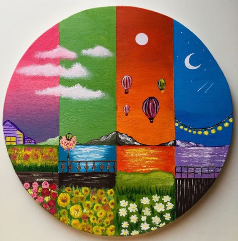 Beautiful Acrylic Painting, School Art Activities, Circle Canvas, Wood Painting Art, Simple Canvas Paintings, Round Art, Wood Painting, Painted Stones, School Art