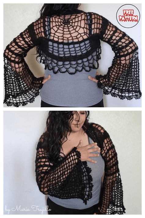 Halloween Cobweb Shrug Free Crochet Pattern Shruggie Crochet Pattern, Free Crochet Patterns Goth, Punk Crochet Patterns Free, Gothic Crochet Patterns, Gothic Crochet Patterns Free, Goth Crochet Patterns Free, Alt Crochet, Weird Crochet, Gothic Crochet