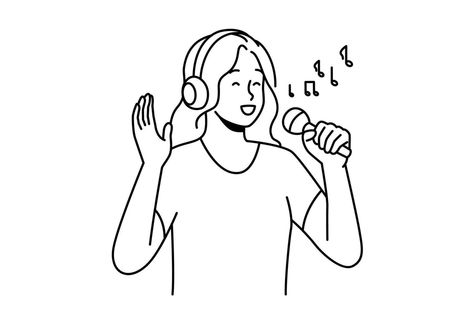 Happy woman in headphones and microphones singing. Smiling girl have fun enjoy karaoke entertainment with mic and earphones. Hobby and music. Vector illustration. People Singing Drawing, Person Singing Drawing, Girl Singing Drawing, Karaoke Drawing, Singing Sketch, Mic Illustration, Singing Pictures, Sing Illustration, Person Singing