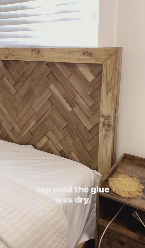 Transforming your basic Ikea bed into a stunning Pottery Barn-inspired bed with a DIY herringbone headboard is easier than you think. Shiplap Headboard Diy, Diy Herringbone Headboard, Shiplap Headboard, Herringbone Headboard, Ikea Bed Frames, Headboard Diy, Clean Kitchen Cabinets, Bathroom Crafts, Fire Pit Furniture