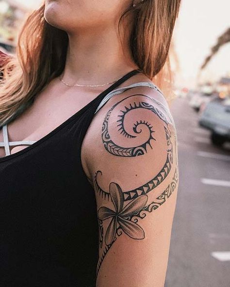 23 Badass Tribal Tattoo Ideas for Women | StayGlam Tattoo Design For Arm Women, Tattoo Ideas For Women Arm, Hawaiian Arm Tattoos For Women, Micronesian Tattoos Women, Hawaiian Shoulder Tattoo, Female Polynesian Tattoo Sleeve, Tattoo Ideas Female Thigh Unique, Polynesian Female Tattoo, Polynesian Tattoos Women Forearm