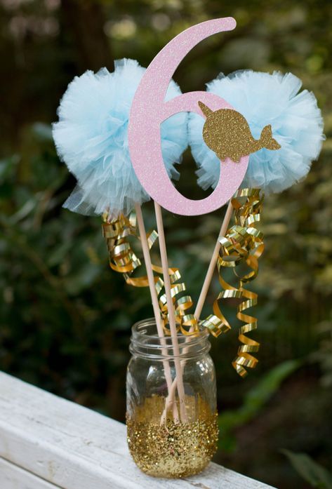 Surprise Birthday Party Decorations, Narwhal Party, First Birthday Centerpieces, 80th Birthday Decorations, 18th Birthday Party Themes, 70th Birthday Decorations, Birthday Party Table Decorations, Birthday Centerpiece, First Birthday Photo