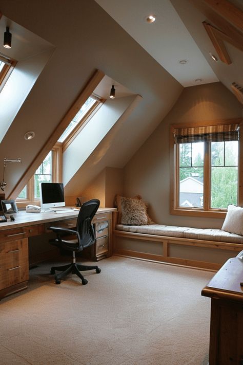 35+ Ways to Make Your Attic Office Both Chic and Functional Attic Office Ideas, Attic Design Ideas, Functional Living Room, Attic Office, Attic Bedroom Designs, Attic House, Loft Office, Living Room Dining Room Combo, Attic Design