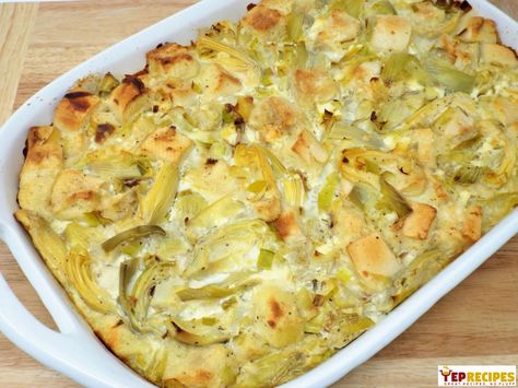 Artichoke Bread Pudding, Leek Bread Pudding, Sauteed Leeks, Leek Bread, Savory Donuts Recipe, Savory Donuts, Artichoke Bread, Savory Bread Pudding, Savory Bread Puddings