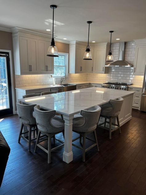 White Farmhouse Kitchen With Island, Island With End Seating, Kitchen Island Table Combo, Kitchen Exposed Brick, Temporary Kitchen, Industrial Chic Kitchen, Kitchen Dining Room Combo, Kitchen Cozy, Black Fixtures