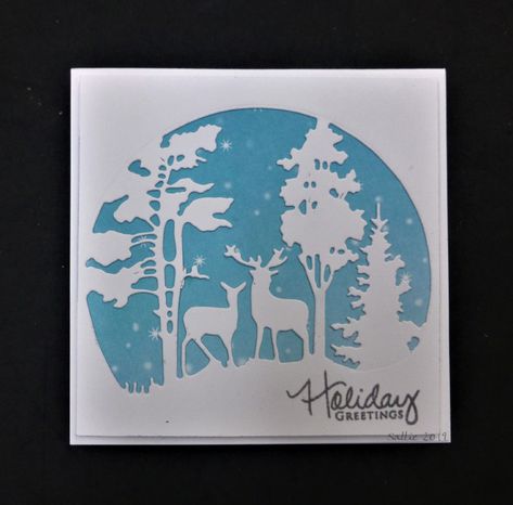 IC719  Deer in the Woods Deer Cards Handmade, Deer Christmas Cards, Deer In The Woods, Deer Cards, Deer Scene, Silhouette Cards, Deer Silhouette, Tree Stamp, Homemade Christmas Cards