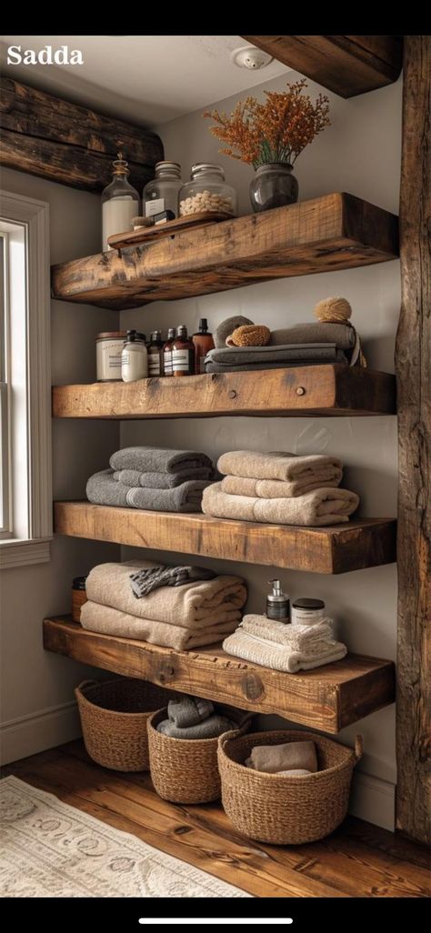 Rustic Wood Shelving, Rustic Home Ideas, Wall Shelves Living Room, Dining Room Shelves, Rustic Wall Shelves, Fishing Room, Rustic Floating Shelves, House Decorating Ideas, Primary Bath