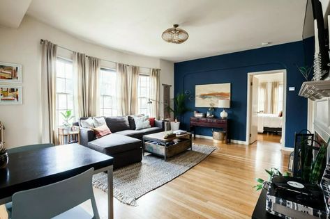 One Blue Wall Living Room, New York State Of Mind Benjamin Moore, Navy Blue Accent Wall Living Room, Blue Accent Wall Living Room, Navy Blue Accent Wall, Blue Accent Wall, Navy Accent Walls, Red Accent Wall, Pink Accent Walls