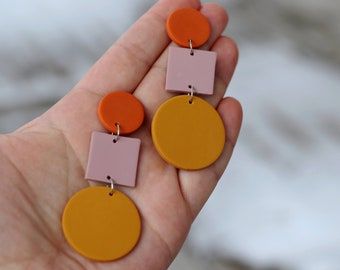 Square Polymer Clay Earrings, Square Clay Earrings, Yellow Polymer Clay Earrings, Braided Anklets, Orange Clay Earrings, Cute Clay Earrings, Etsy Jewelry Handmade, Large Dangle Earrings, Polymer Clay Gifts