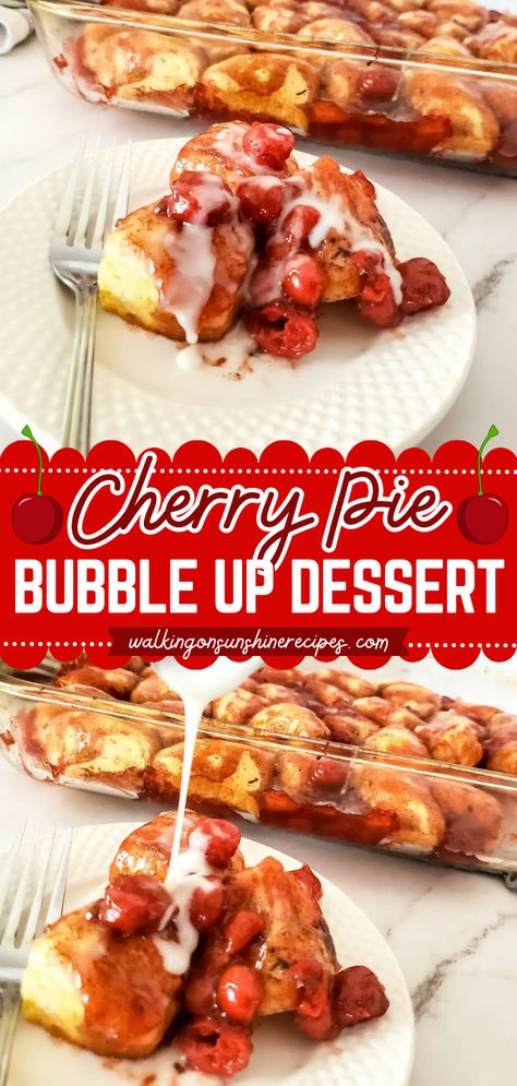 Dive right into this Cherry Pie Bubble Up Dessert! No one will be able to resist this Mother's Day dessert idea. Made with cherry pie filling and a powdered sugar glaze, every bite of this bubble up casserole is delicious! Save this Mother's Day baking recipe! Cherry Pie Filling Recipes Desserts, Cherry Pie Filling Recipes Easy, Day Party Food Ideas, Canned Cherry Pie Filling, Canned Cherry Pie, Refrigerator Biscuits, Pie Filling Desserts, Cherry Pie Filling Recipes, Cherry Recipes Dessert